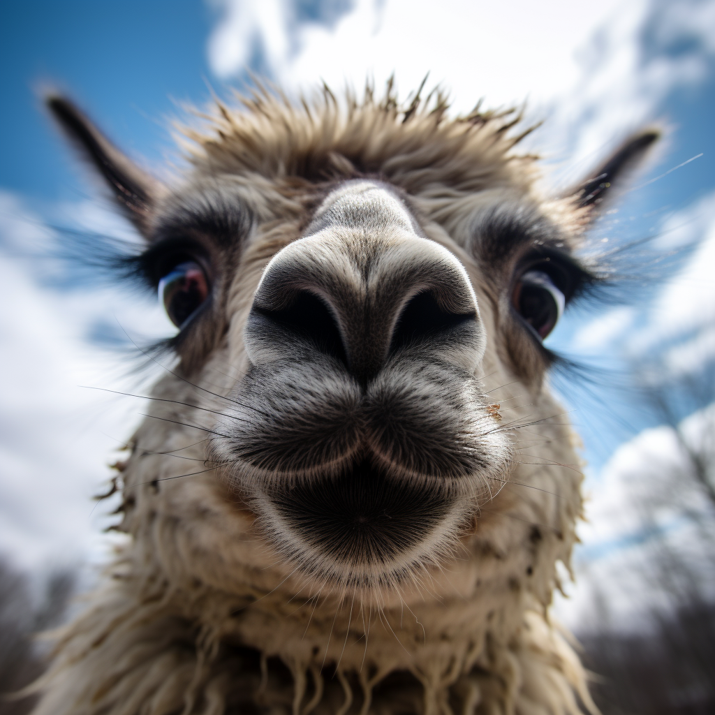 Llama licking camera lens with curiosity