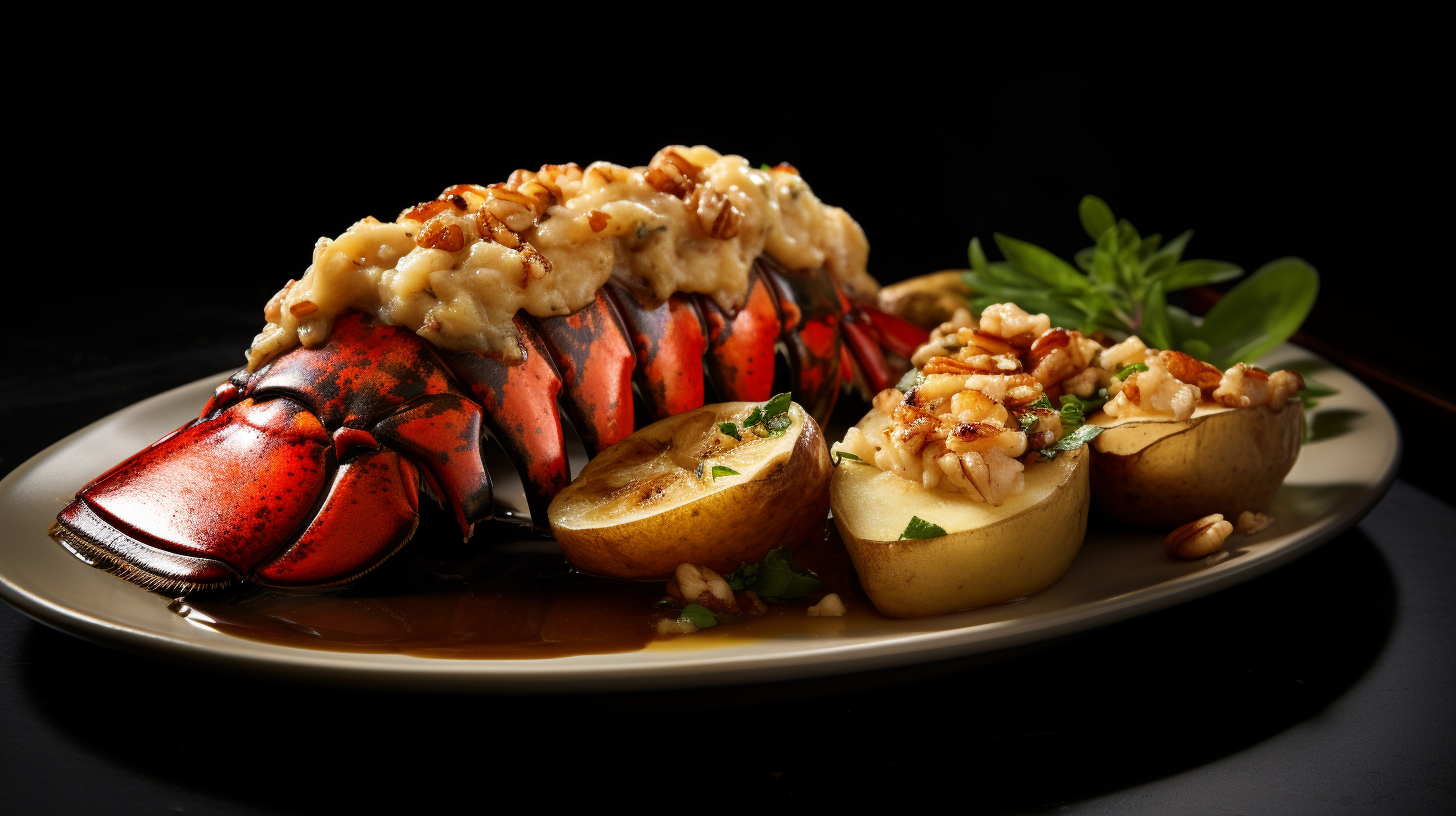 Gourmet lobster tail with brown butter, hazelnuts, and potatoes