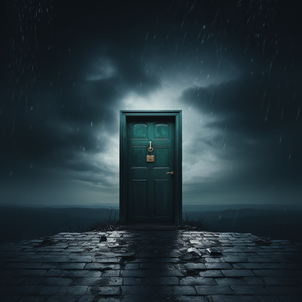 Rainy locked door with a mysterious vibe