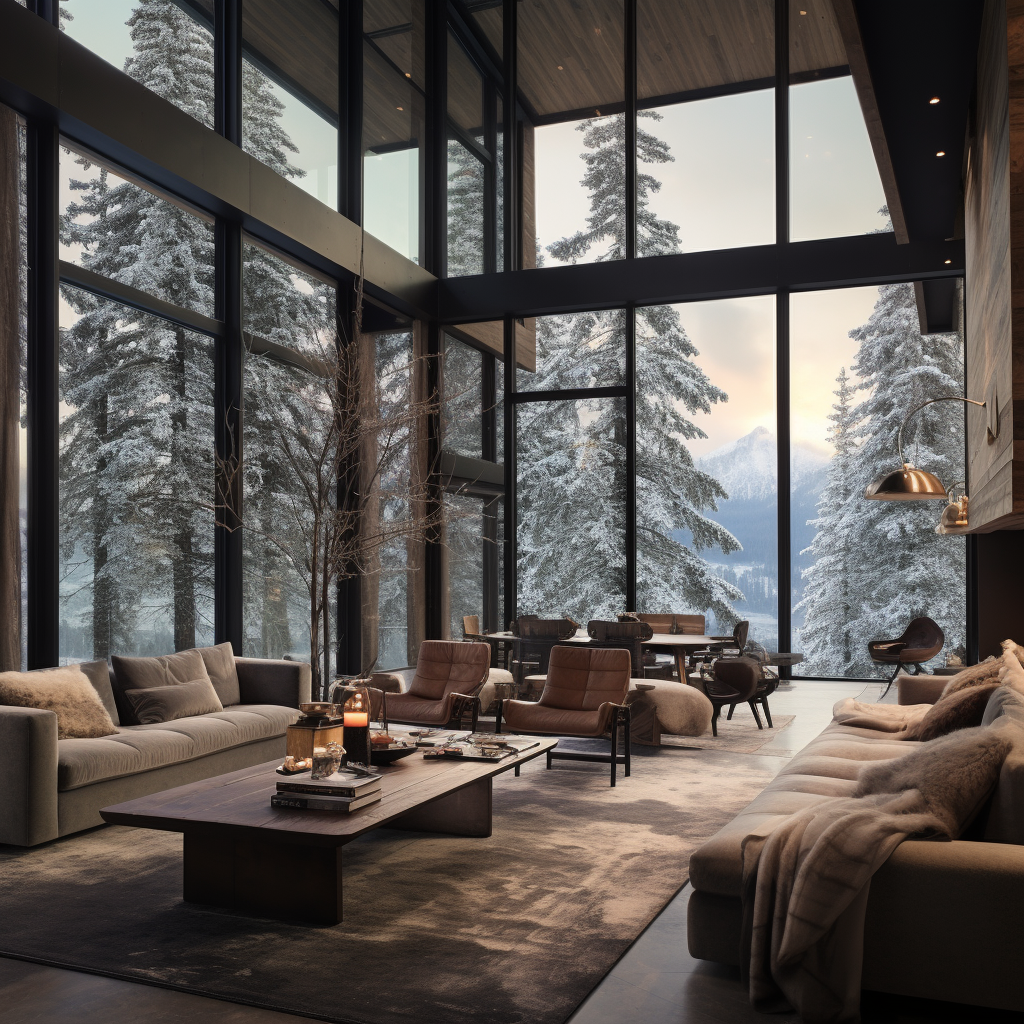 Cozy lodge living room with snowy landscape