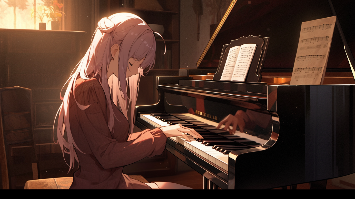 Anime girl playing wooden piano