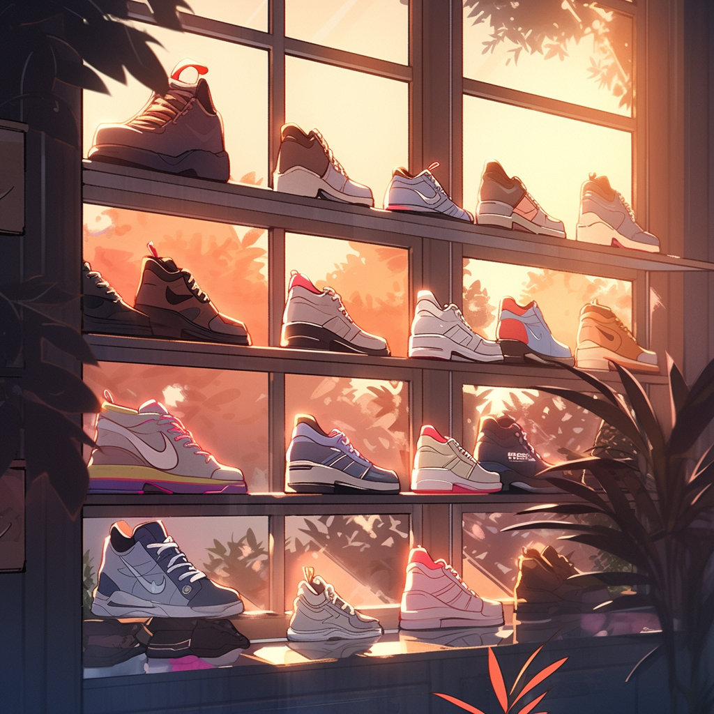 Colorful sneakers in display cabinet with art at sundown