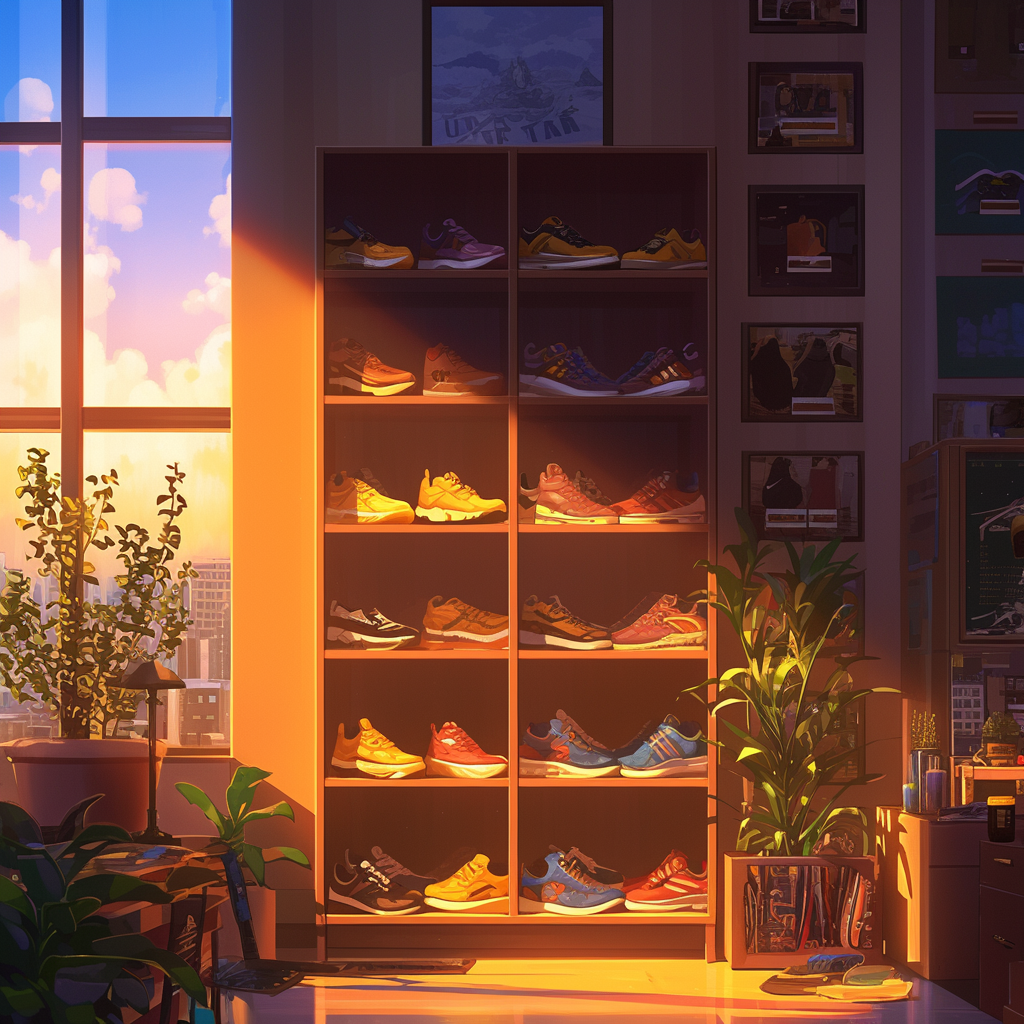 Colorful sneakers lit by sundown