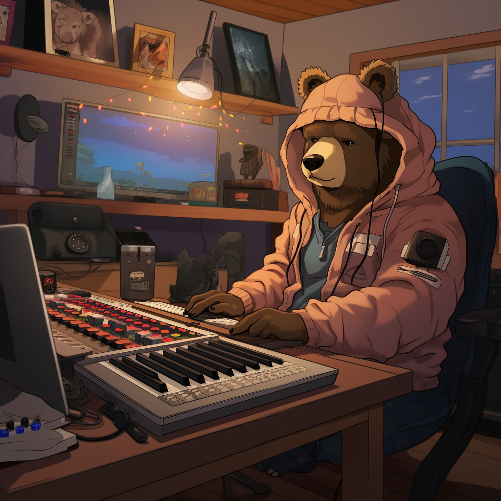 Lofi music producer bear in home studio