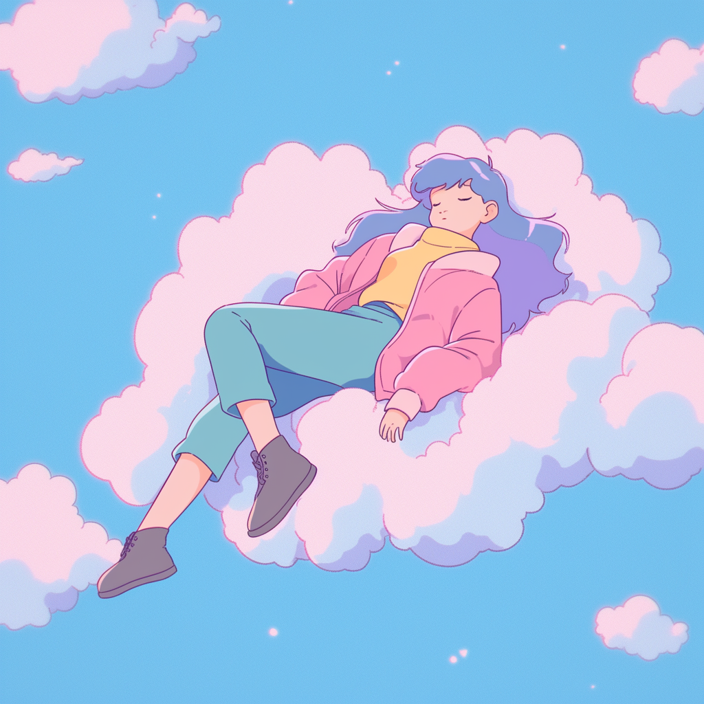 Lofi girl on cloud in 90s anime style