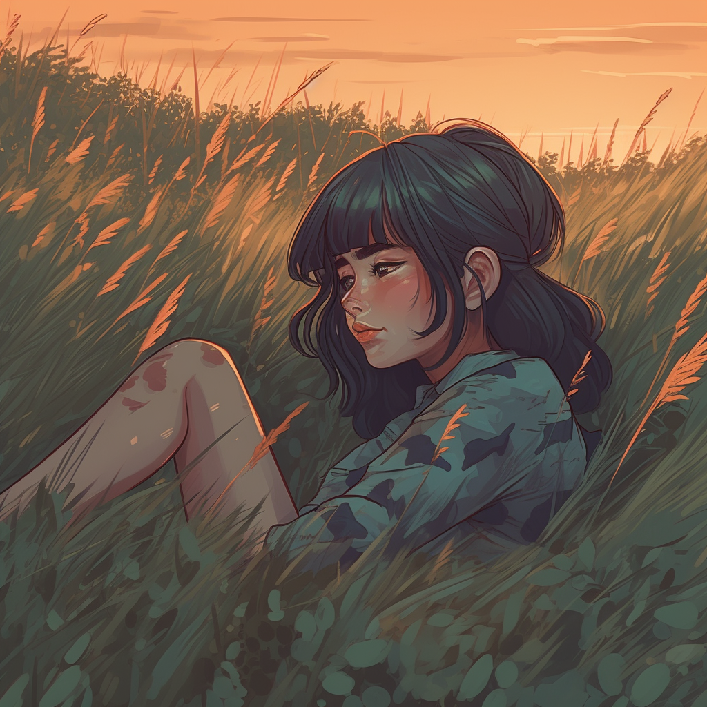 Lofi girl in field with sunset, hair blowing