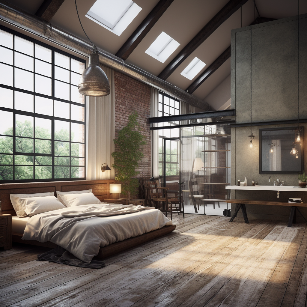 Rustic industrial loft bathroom bedroom