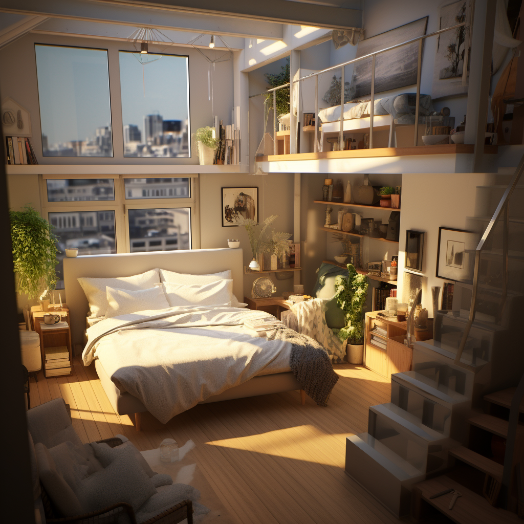 Cozy loft bedroom with minimalistic design