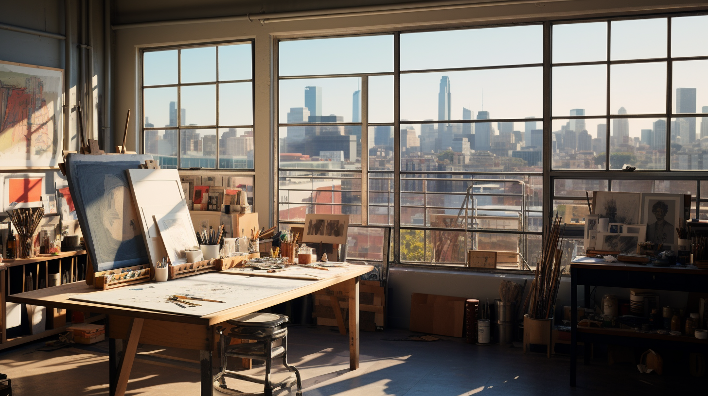 Rock star in loft studio surrounded by paintings