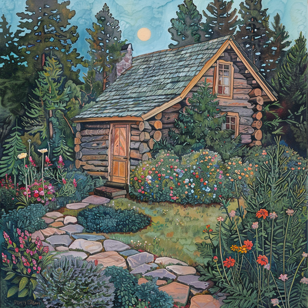 Log cabin with flowers painting