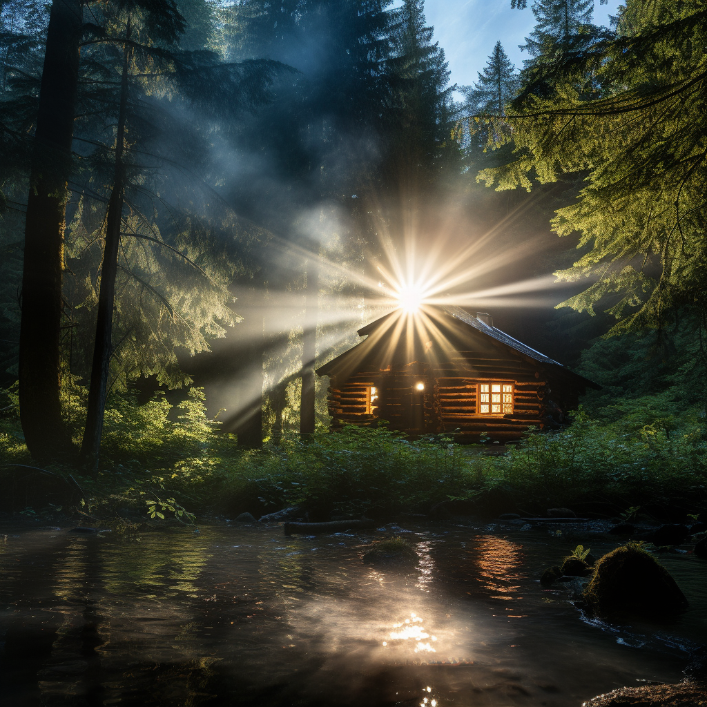 Log cabin in forest with bright light