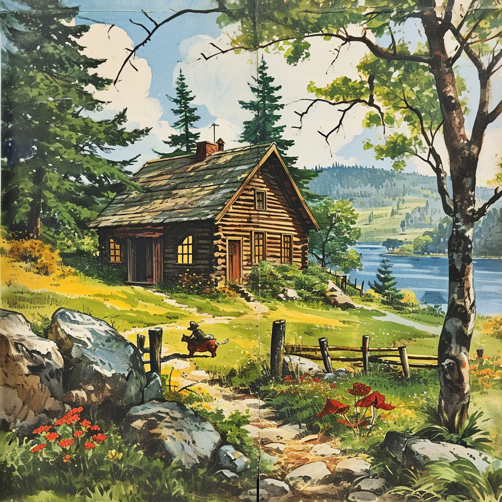 A nostalgic log cabin scene from a 1950s children's book