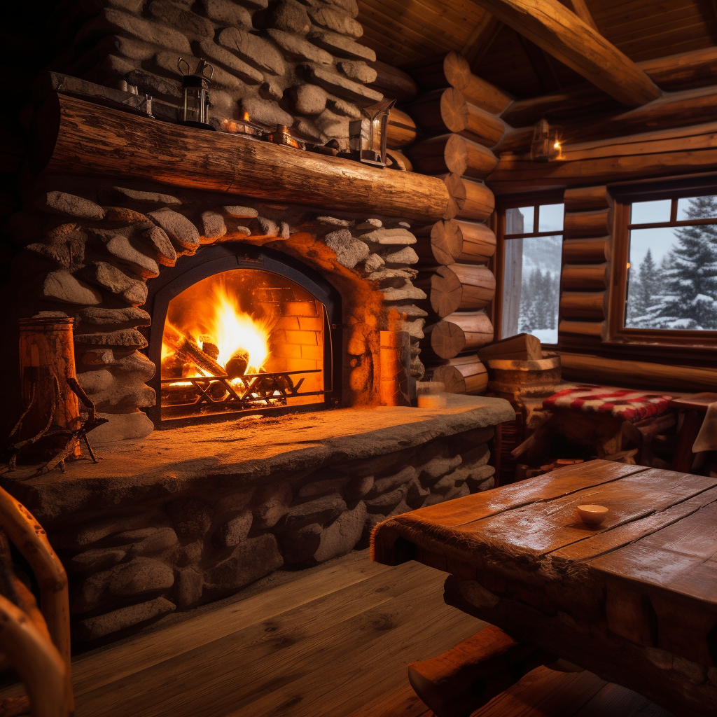 Romantic log cabin fireplace in winter