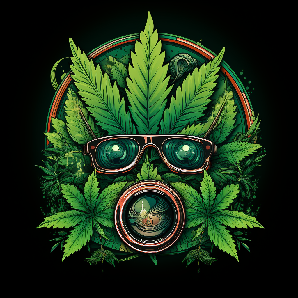 Logo with binoculars and cannabis leaf reflections