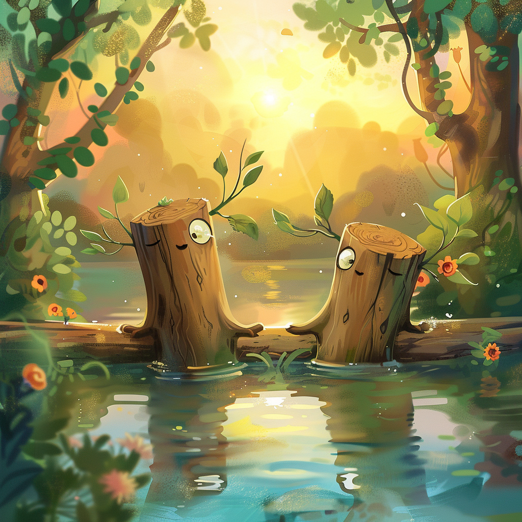 Logs holding hands floating river