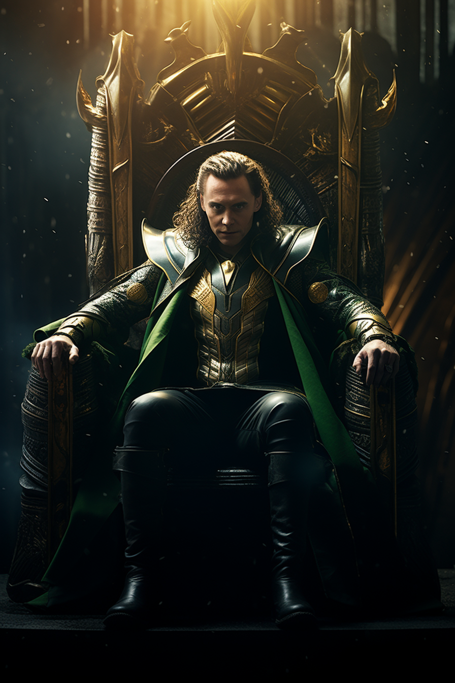 Loki in cape and crown on his throne