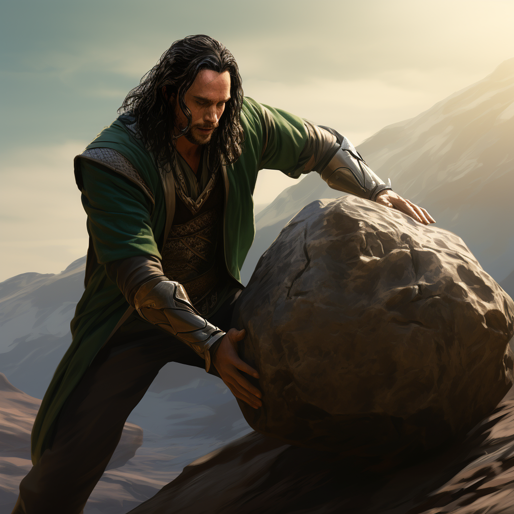 Loki pushing a giant stone uphill