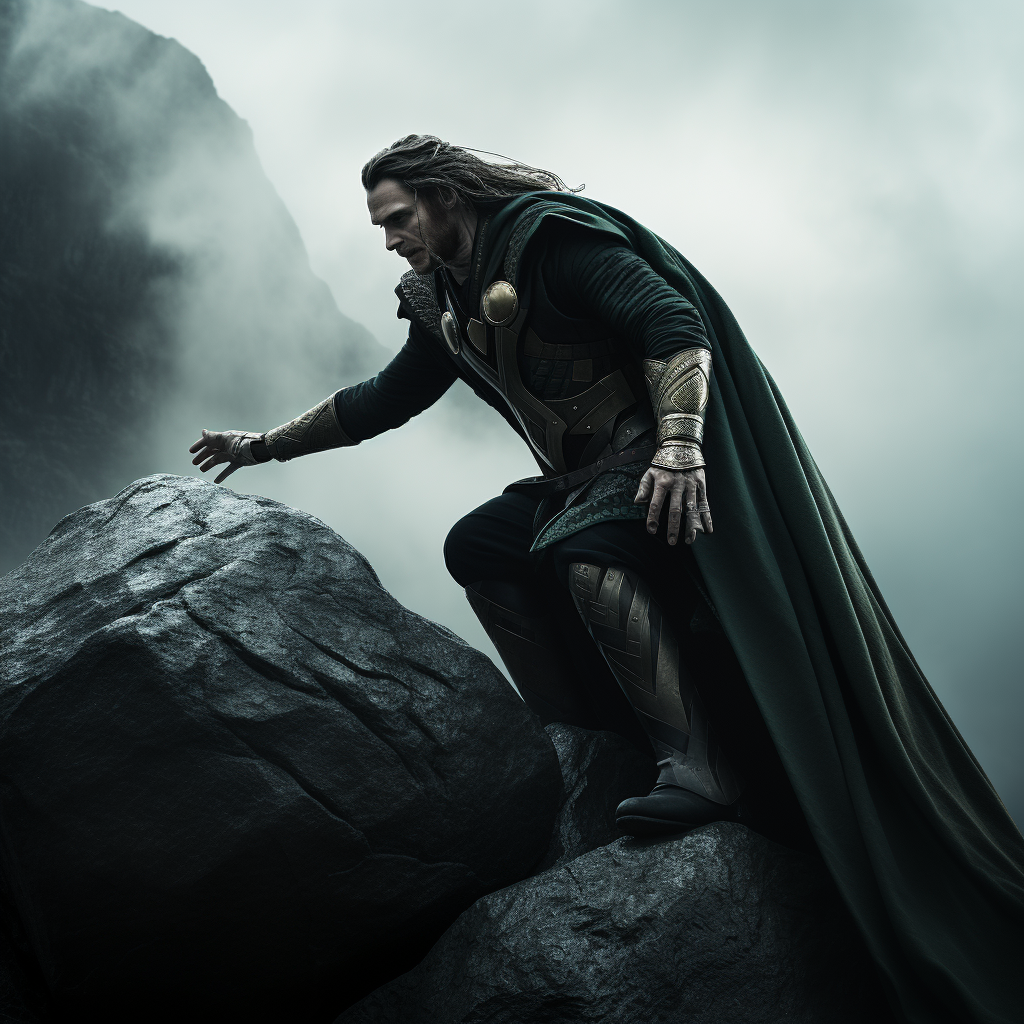 Loki struggles to push giant stone uphill