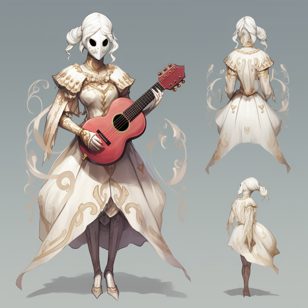 Feminine harlequin bard playing metal music