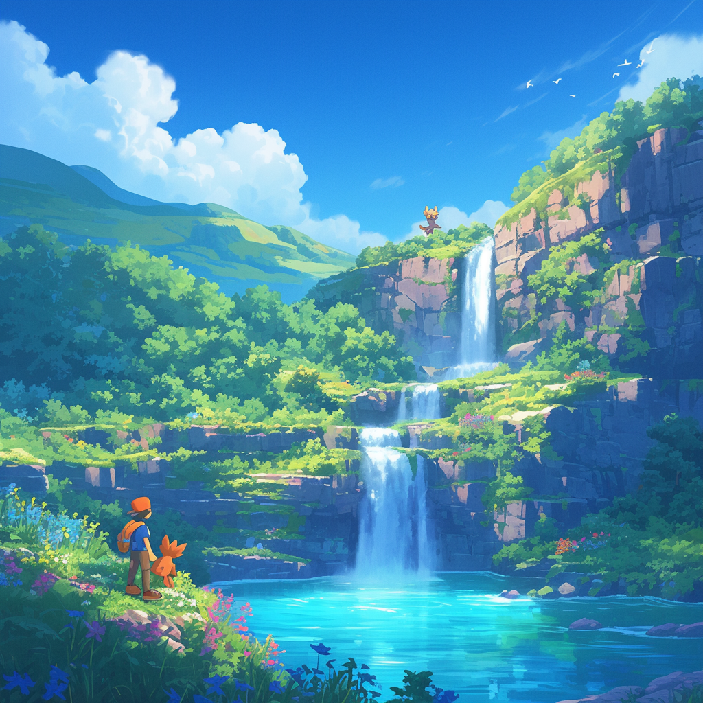 Lombre Pokemon under colorful waterfall