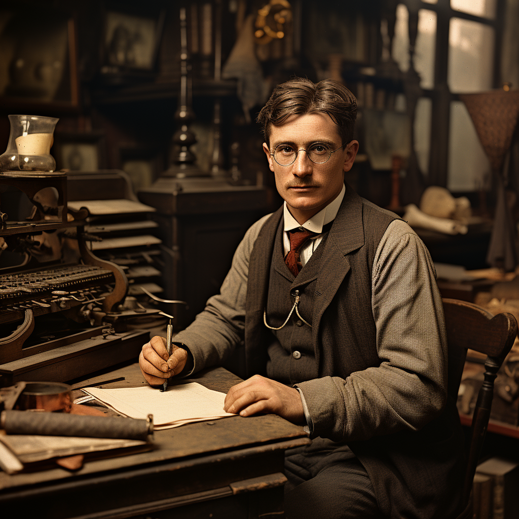 Vintage London 1900 photo of glasses and quill