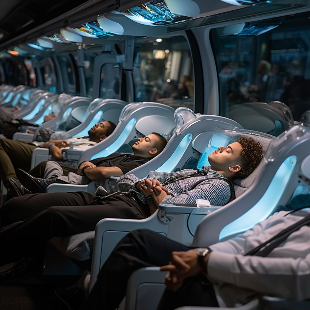 Commuters sleeping on futuristic autonomous bus