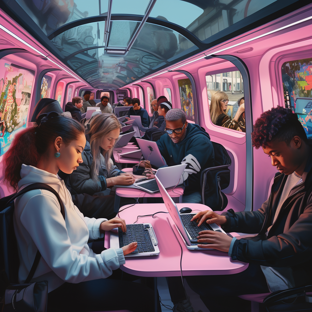 Commuters in futuristic bus working