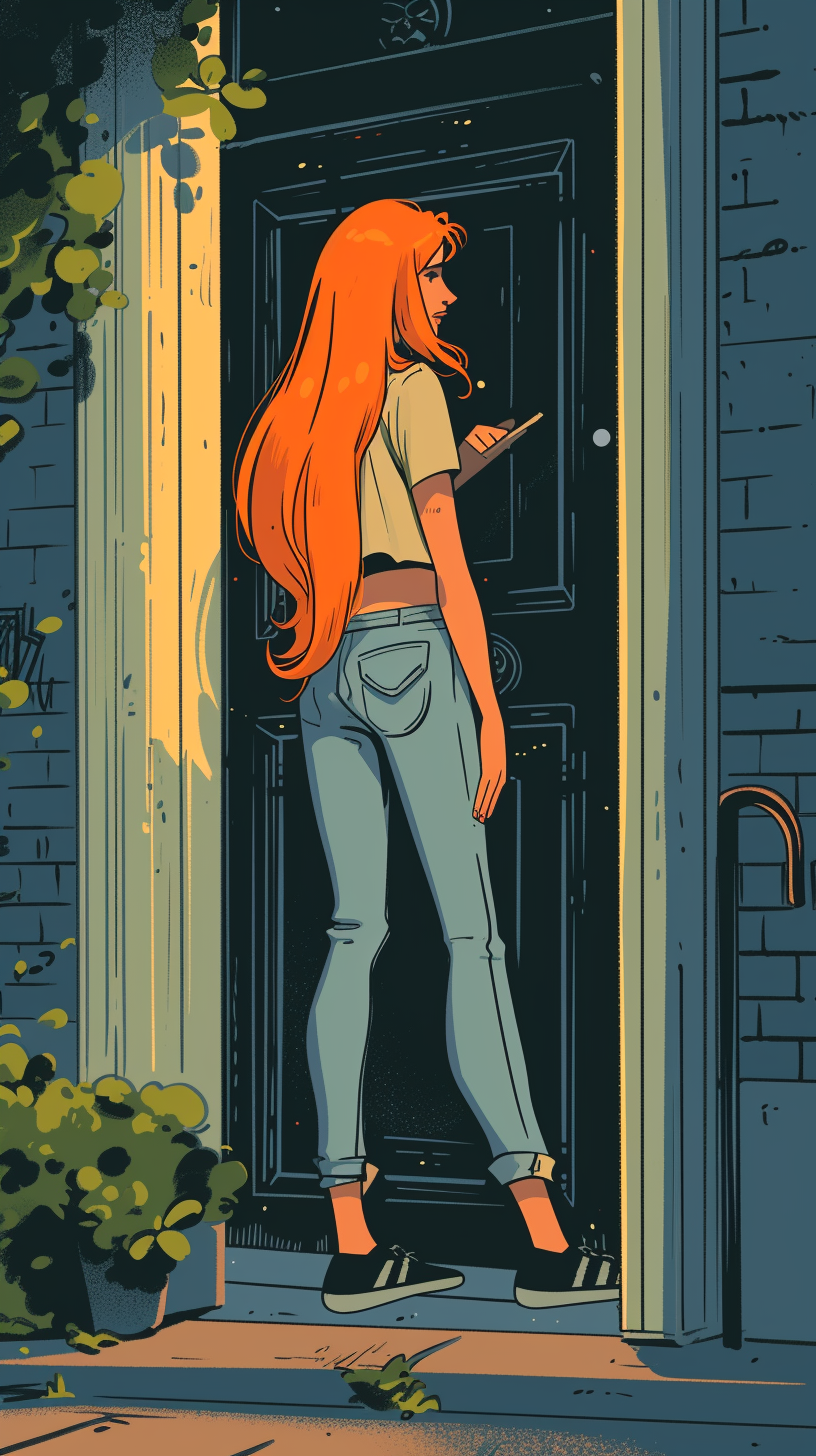 Cartoon woman with long orange hair at London home