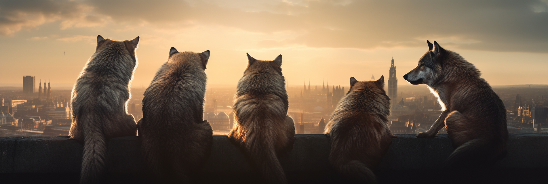 Photo realistic wolves in London skyline