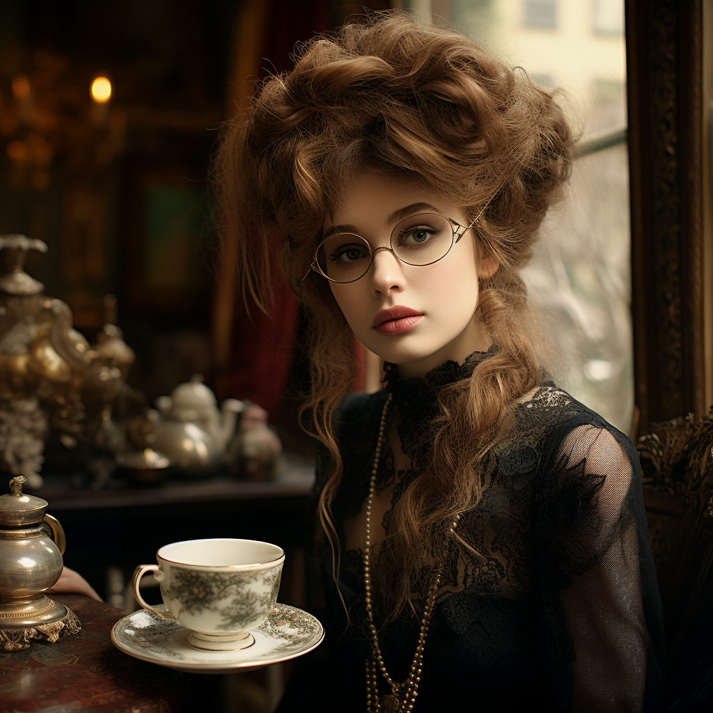 Vintage photo of a stern person wearing glasses and hairpin, holding a teacup