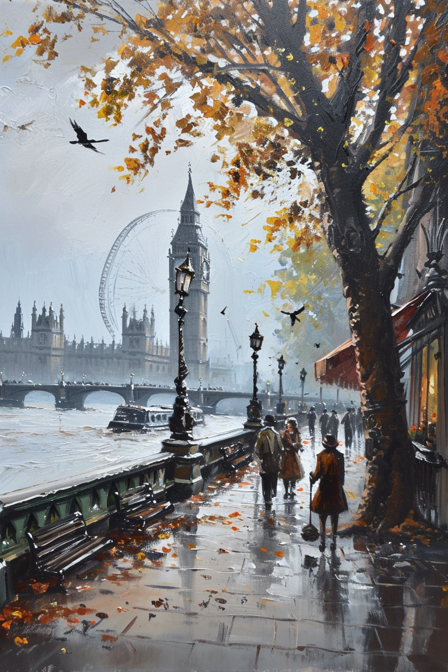 A picturesque street scene in London during autumn