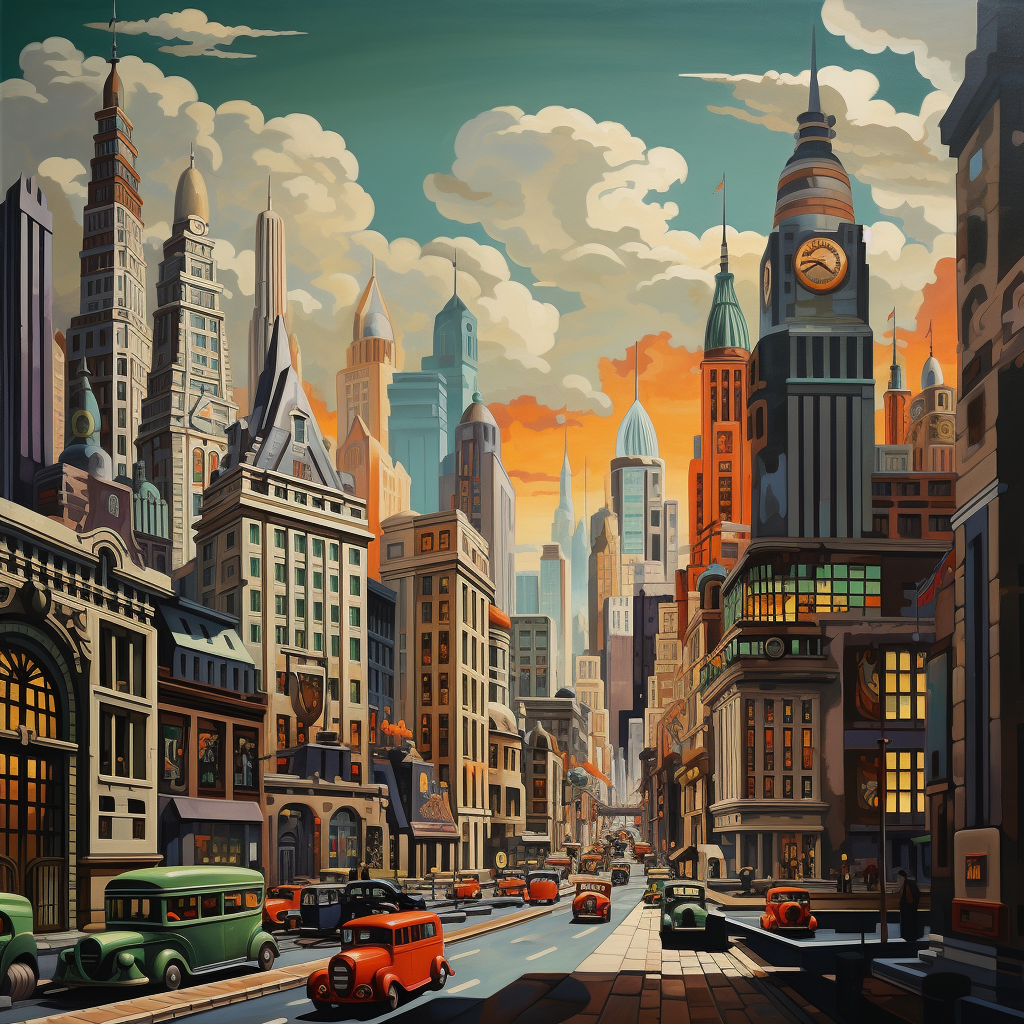 Art deco painting of London landmarks