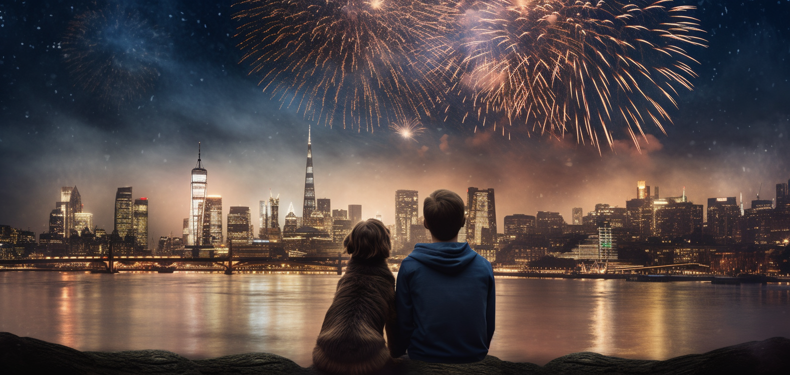 Family watching London New Year fireworks