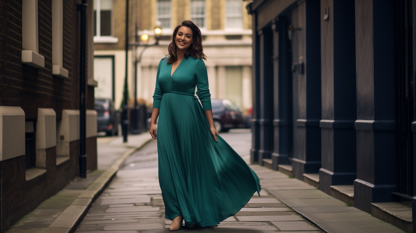 Smiling plus size model in elegant London street fashion