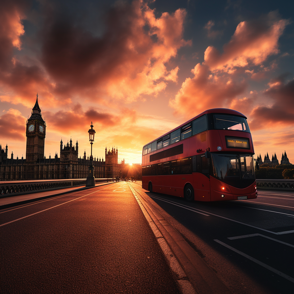 Tour bus with Big Ben at sunset