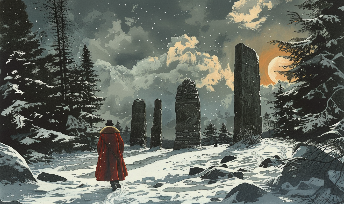 Lone explorer in red coat amidst snow and ancient ruins