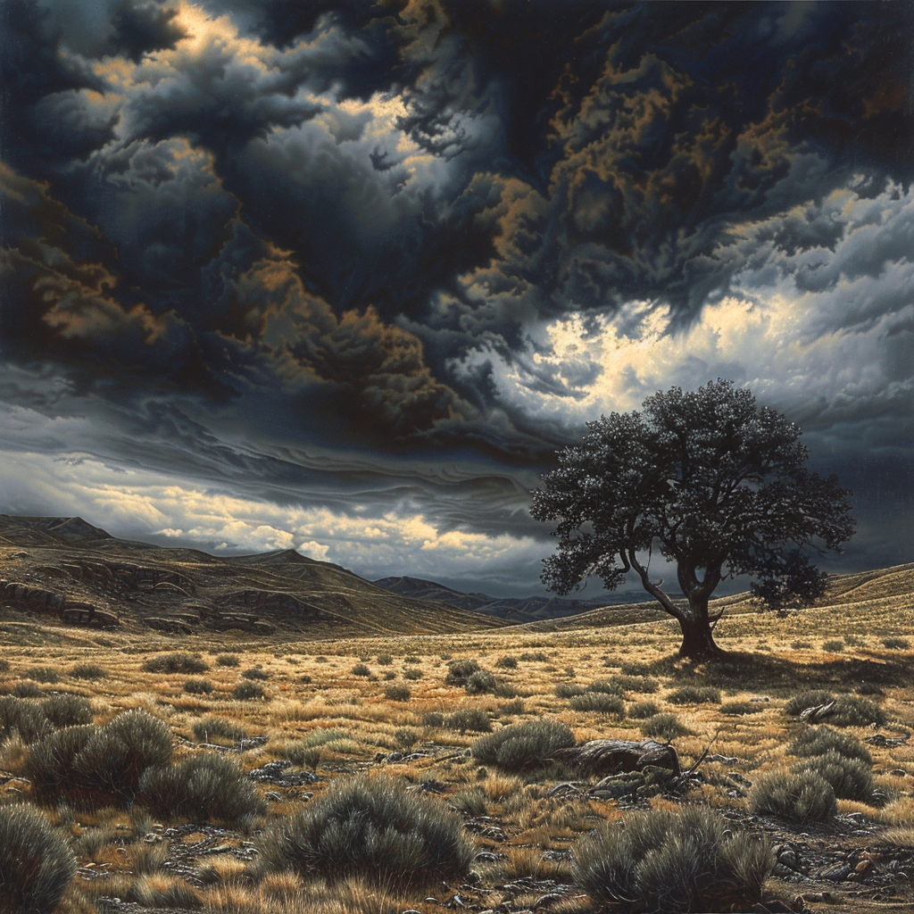 Lone tree in stormy wilderness