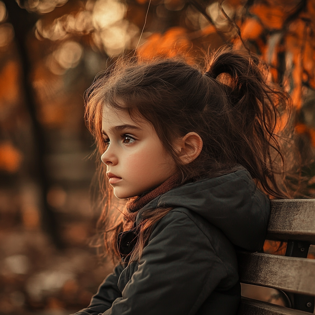 lonely 11 year old girl, messy hair, park bench, sunset, fall, tall trees