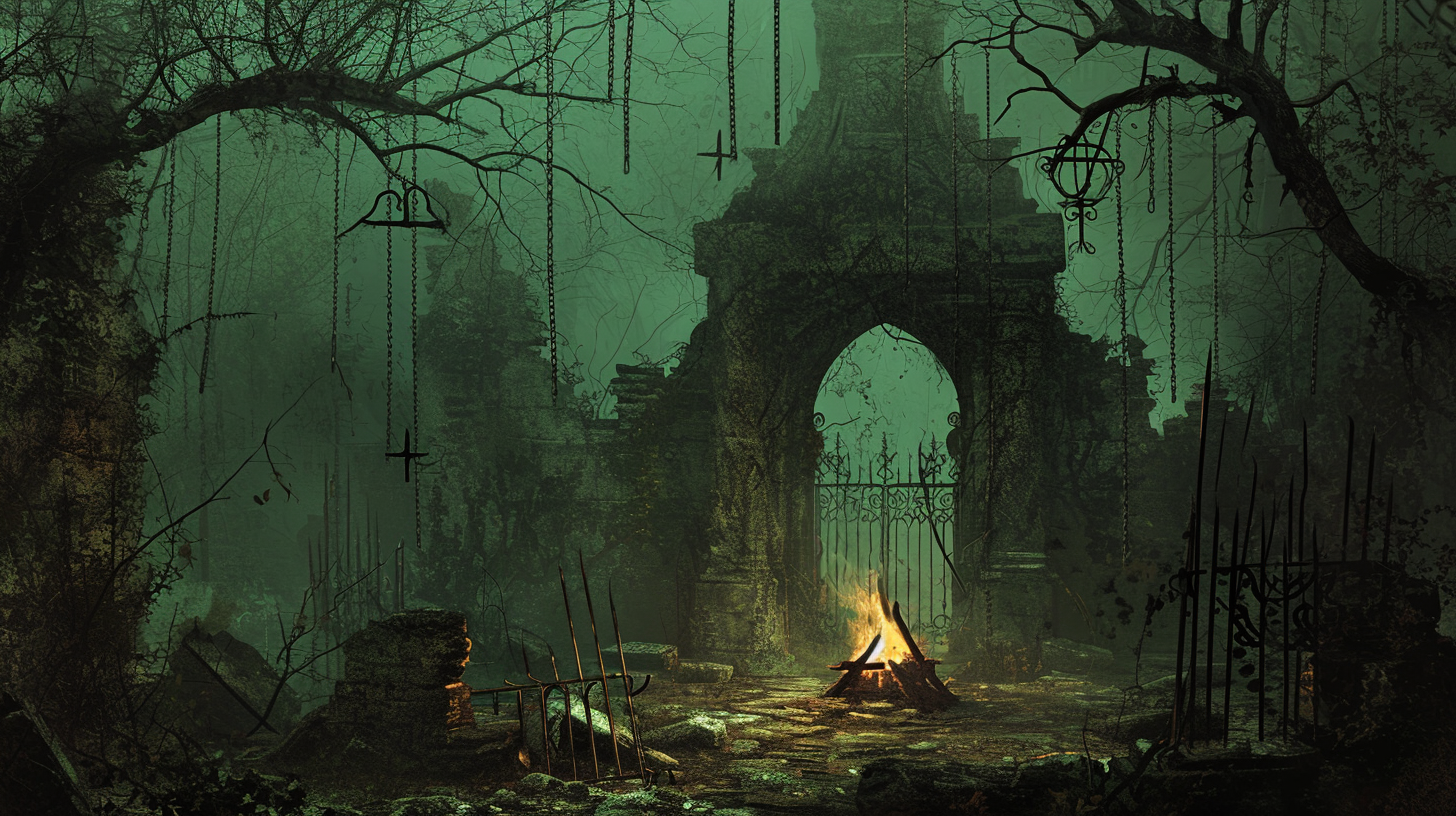 Lonely campfire under ancient triumph arch ruins