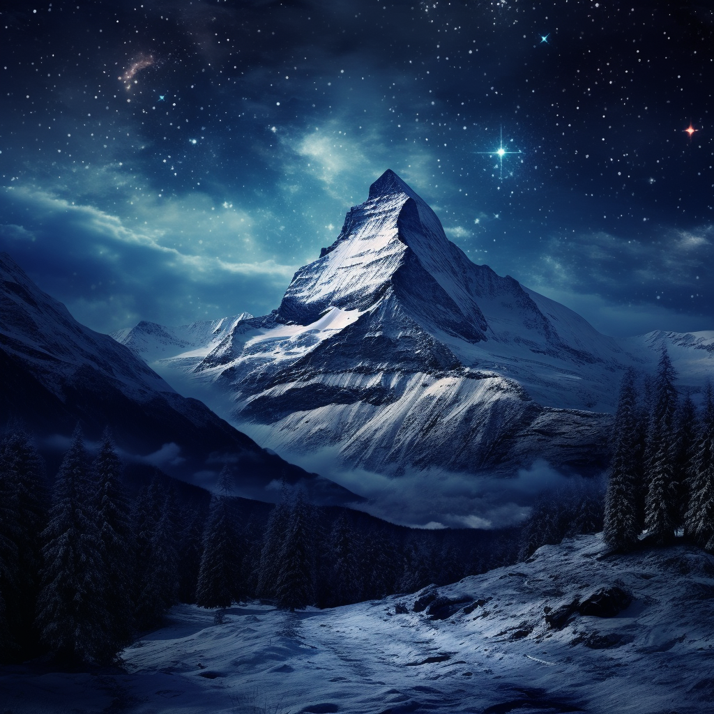 Majestic snowy mountain with dark forest