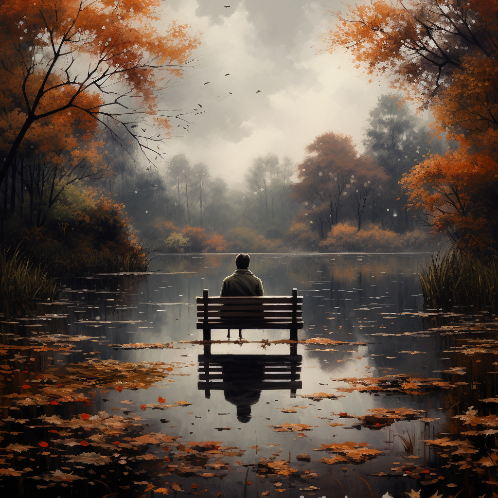 A lonely guy sitting on a park bench by the pond