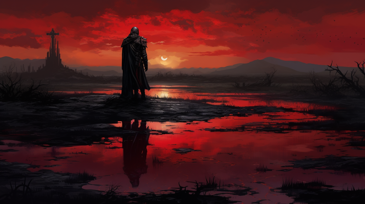 Lonely knight at tombstone in red rain