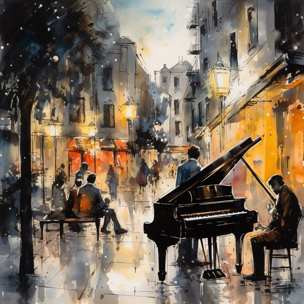 Abstract painting of people playing piano under street lights