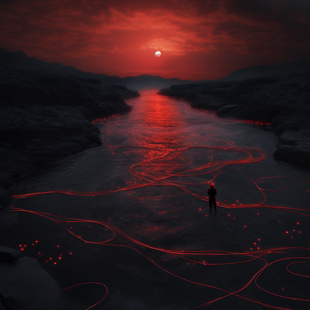 Lonely red string drifting on large river at night