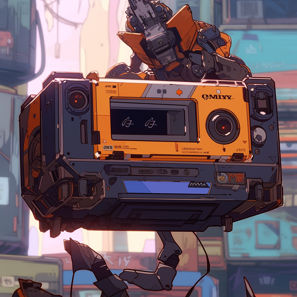 Robot holding boombox in futuristic world