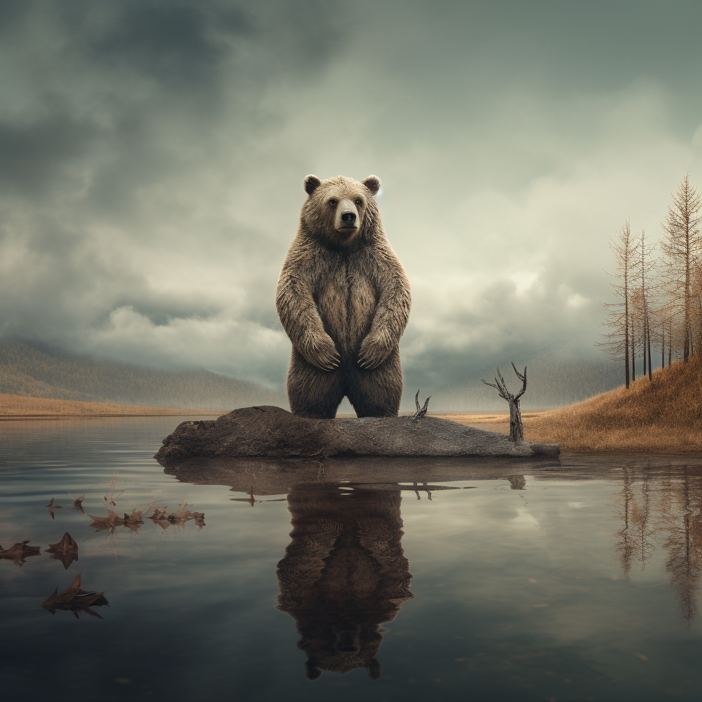 Lonely sad bear standing on feet and gazing