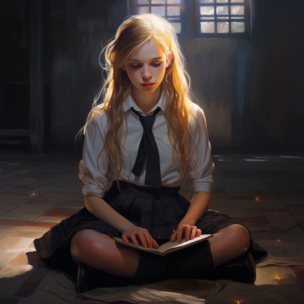 Lonely schoolgirl with a shining book