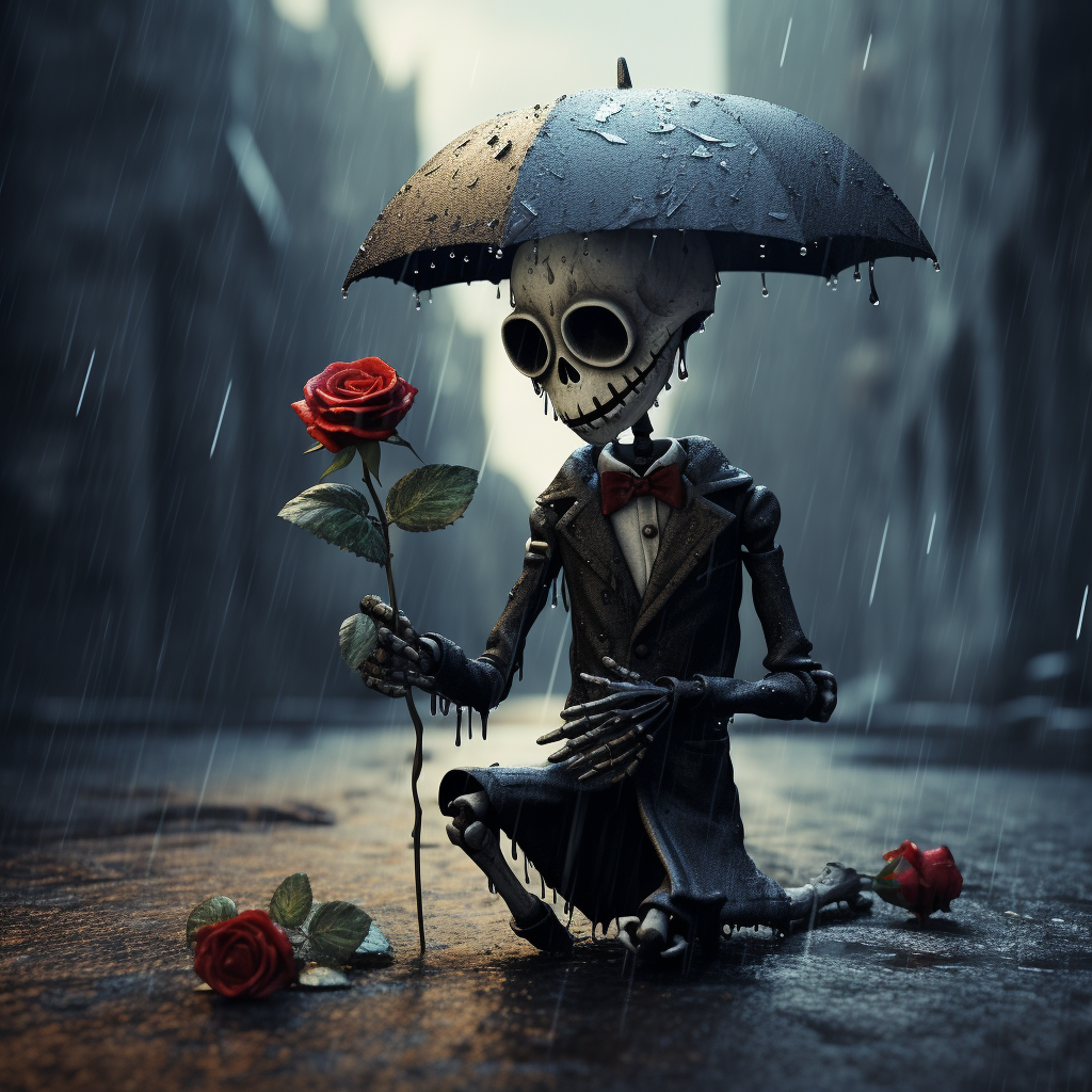 Lonely skeleton holding a black rose