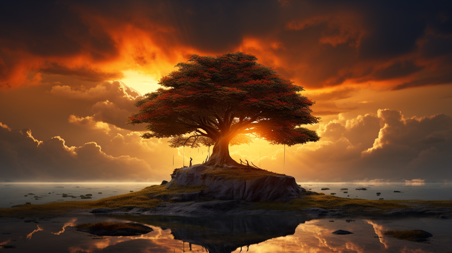 Lonely tree at sunset with dramatic clouds