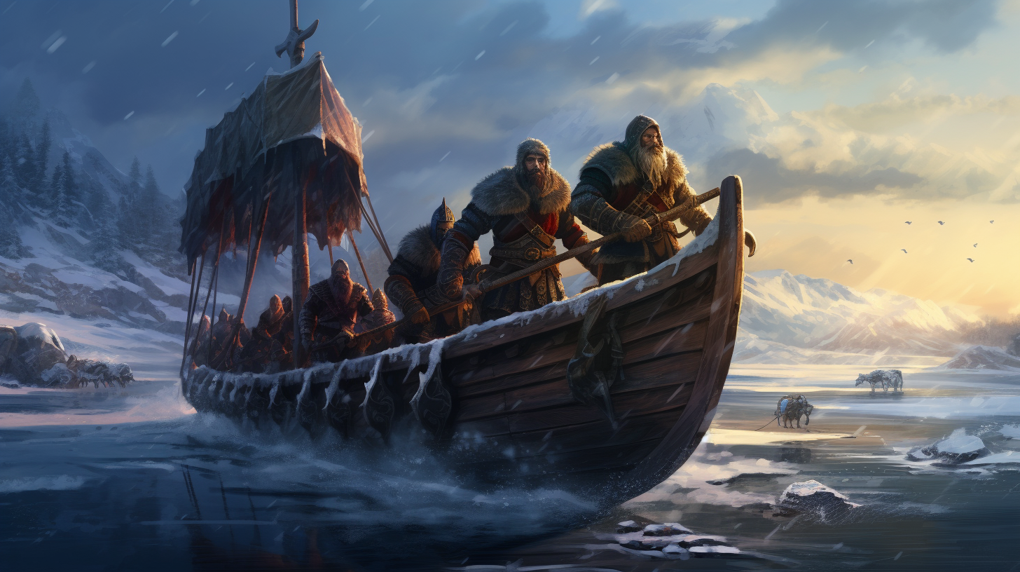 Lonely Vikings Moving Away in Winter Cartoon